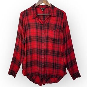 Lucky Brand Womens Red Black Plaid Button Down Shirt Viscose Size M Long Sleeve
